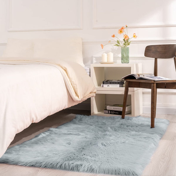 Mercer41 Jovanii Machine Woven / Power Loomed Faux Fur Blue Rug | Wayfair