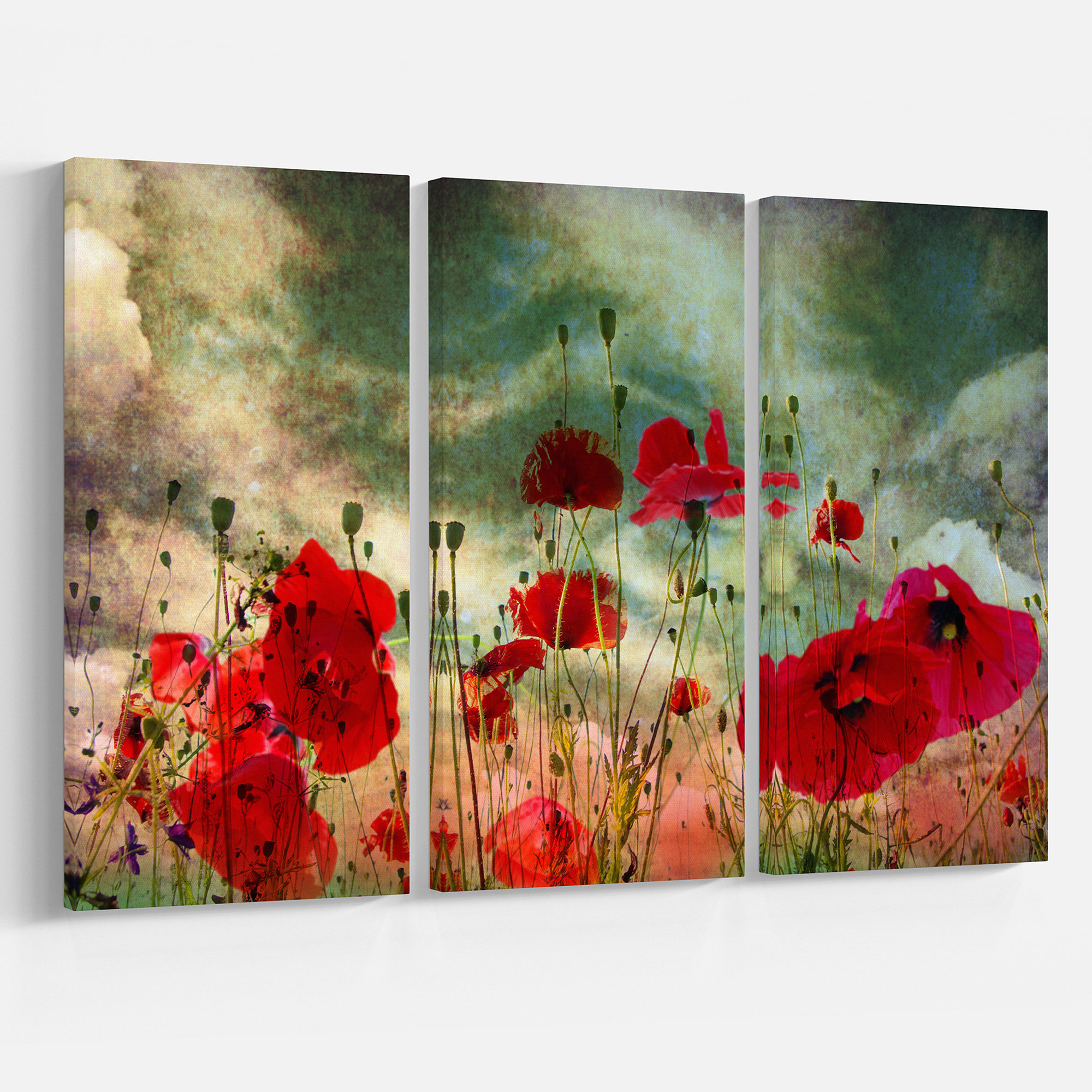DesignArt Wild Red Poppy Flowers In Sky - 3 Piece Wrapped Canvas Photograph  & Reviews | Wayfair