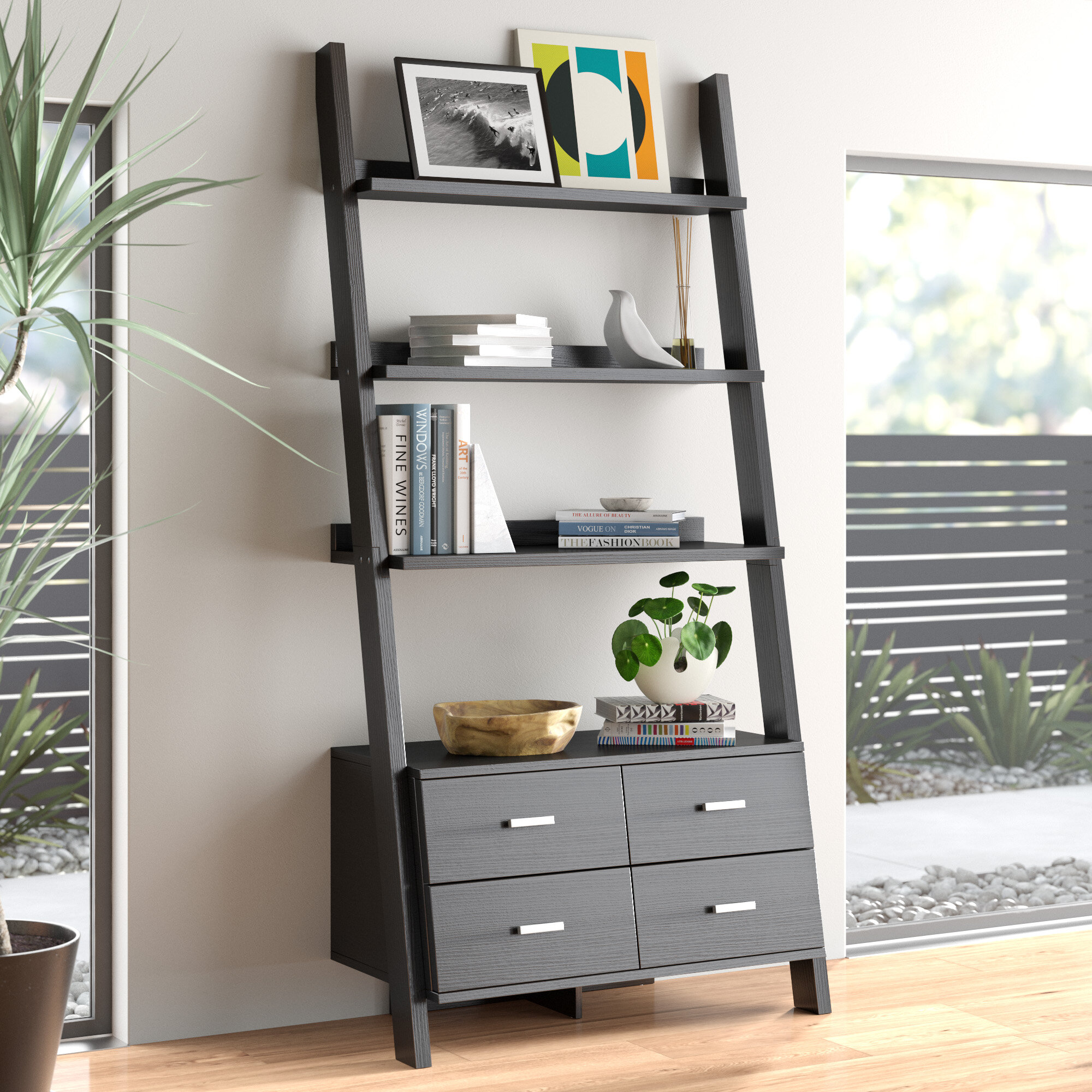 Details about   Monarch 4 Shelf Ladder Bookcase in Gray and Black 