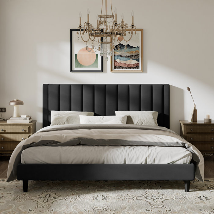 Willa Arlo Interiors Sonoma Velvet Upholstered Bed with Tufted Headboard (Full, Black)