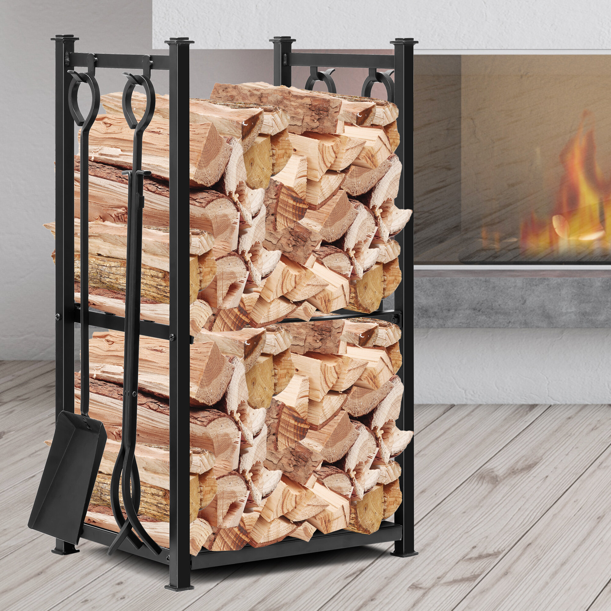 Fireplace Log Rack with 4 Tools Set Fireside Firewood Holders 