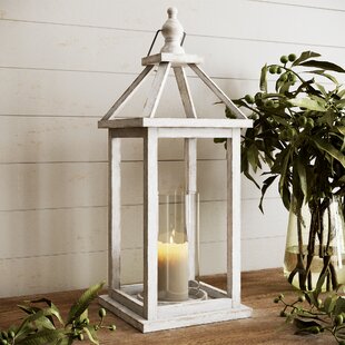 10 Sleek Contemporary Candle Lantern Distressed Ivory w/ Clear Glass 13" High 