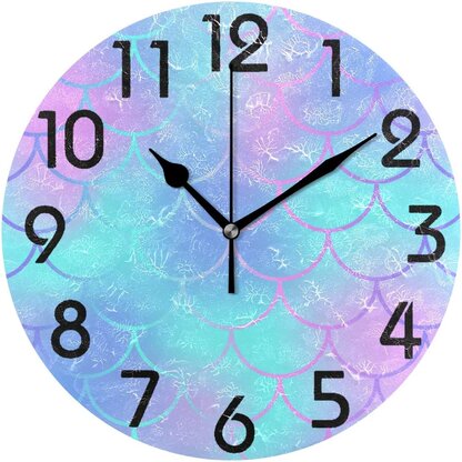 Cute Mermaid Tail Printed Non-Ticking Round Wall Clock 9.84” Battery Operated Silent Desk Clock for Bedroom Living Room Home Office School Wall Decor