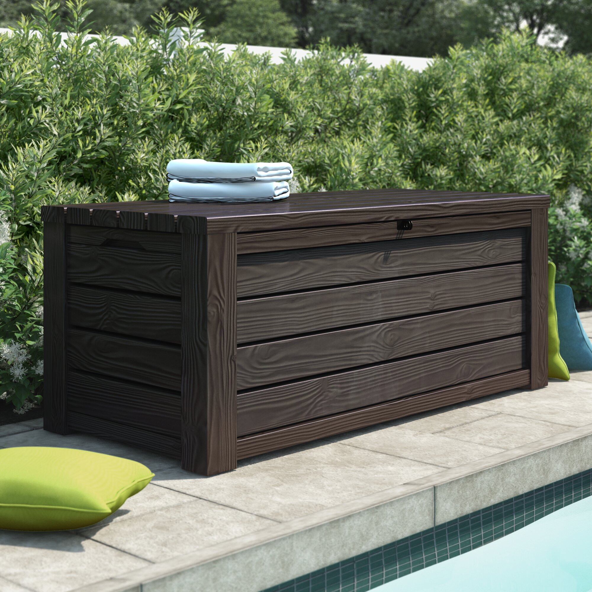 Patio Cubby Storage Chest with Lockable Lid & Built-in Handles Giantex 30 Gallon Deck Box Weather Resistant Organization Container for Pool Garden Black Wood Grain Texture Outdoor Storage Bin 