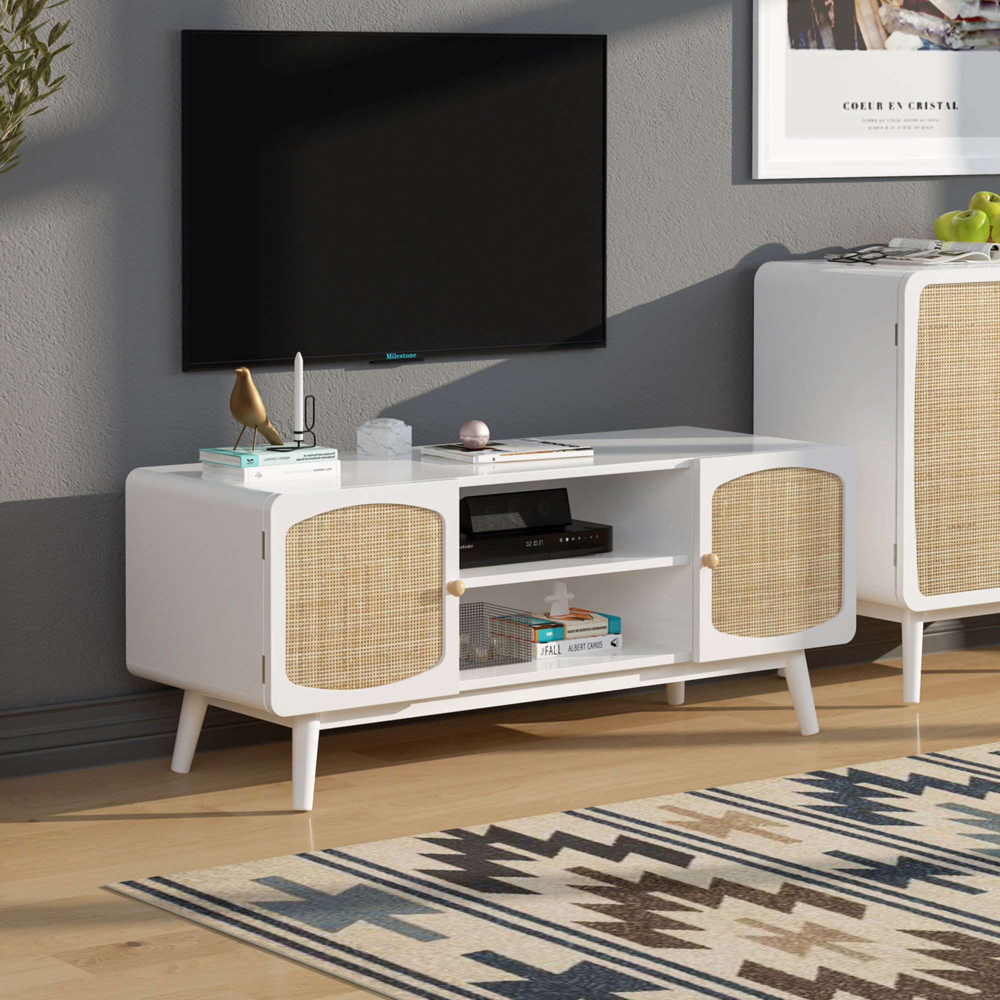 Oliver TV Console With Rattan Door, Boho TV Stand For Living