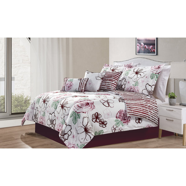 Queen King Bed Pink Blush Gray Pintuck Pleat Chevron 7 pc Comforter Set Bedding 