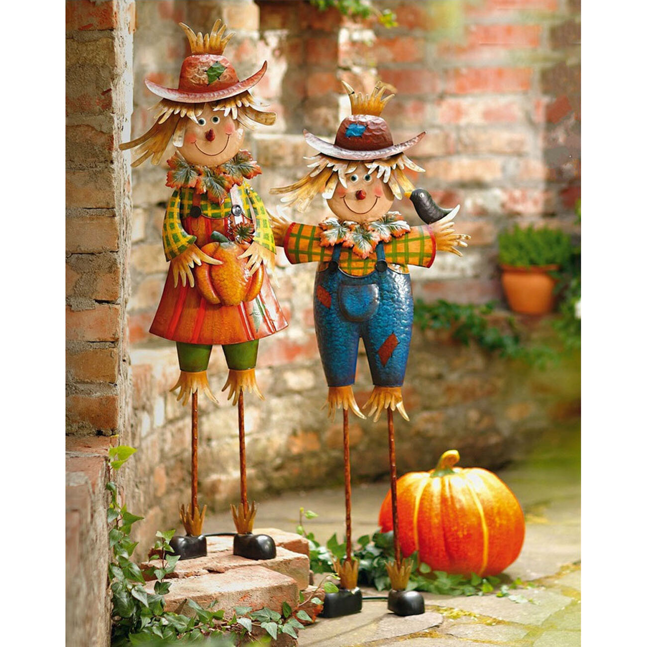 Autumn Scarecrow Couple Metal Garden Stake 