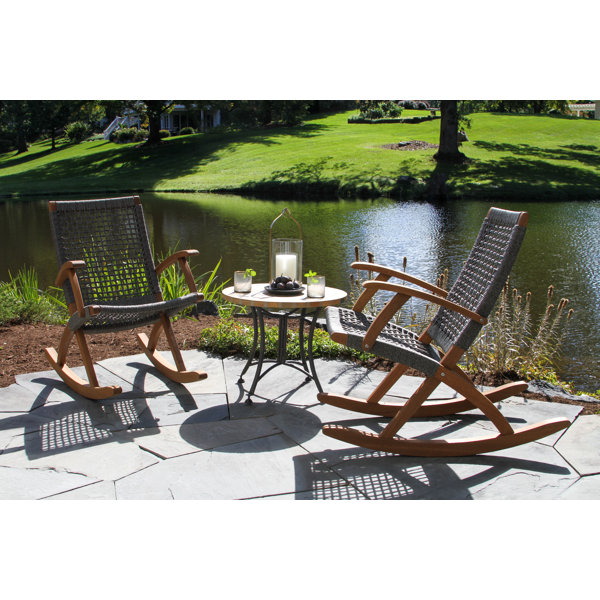 Outdoor Interiors 3 Pc. Eucalyptus & Grey Rope Rocking Chair Set With ...