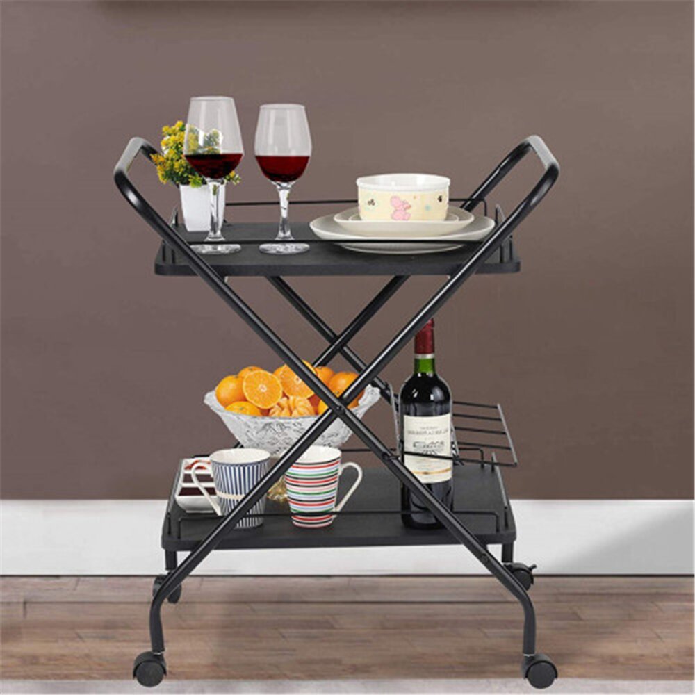 2-Tier Metal Bar Car with Wine Rack,Rolling Cart with Wheels Lockable Wheel Multi-Functional Storage Rack for Bar Office and Kitchen 
