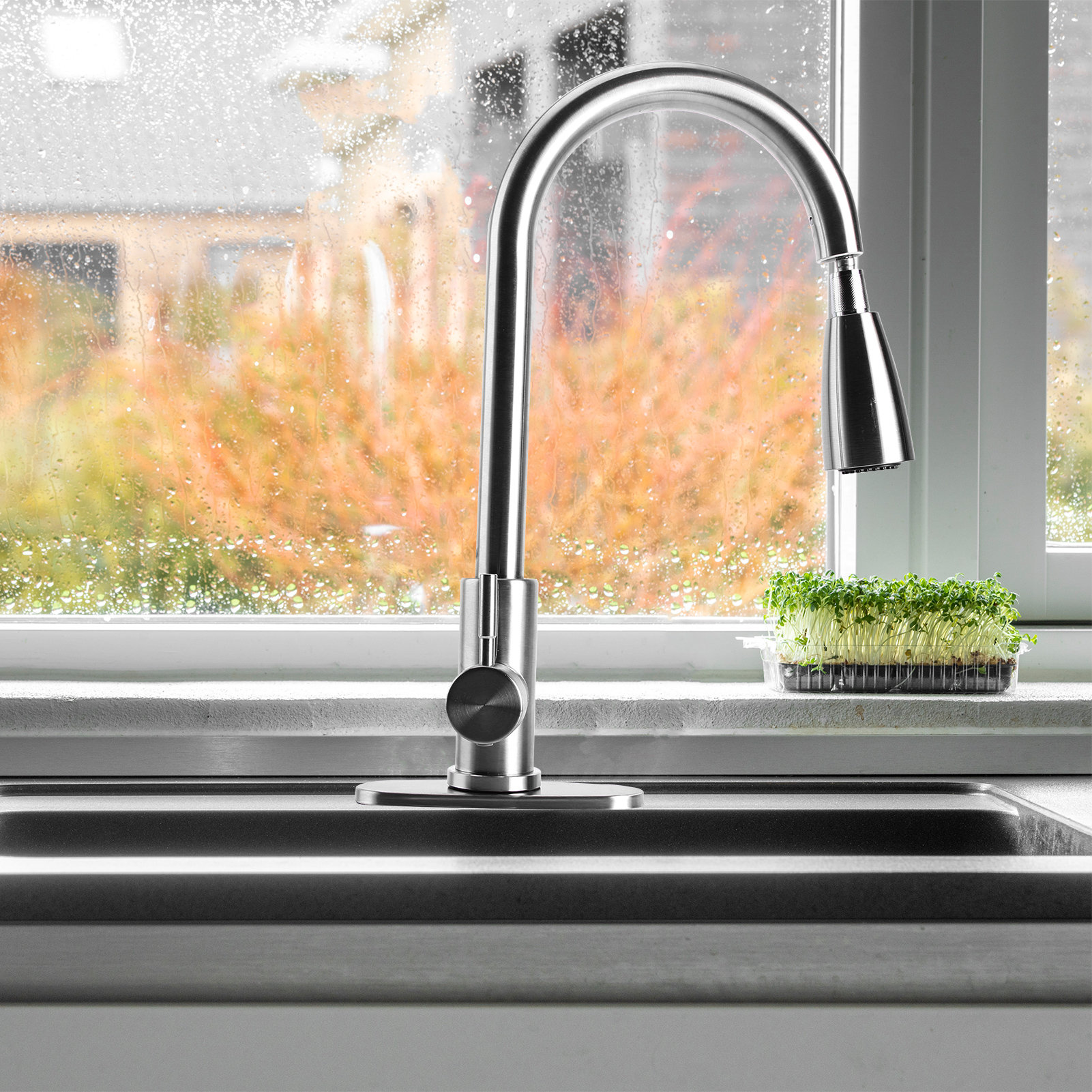 Patented Kitchen Faucet With Pull Down Sprayer And Soap Dispenser - Single Handle 304 Stainless Steel Brushed High Arc Pull Out Kitchen Sink Faucets