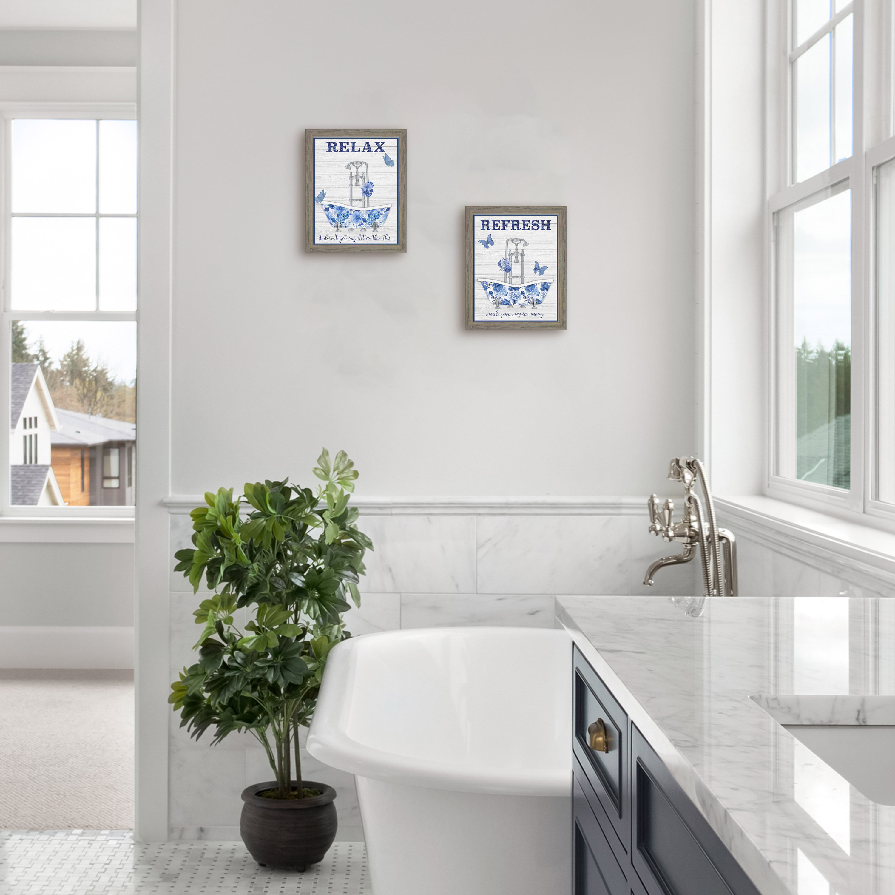 Rosalind Wheeler Blue Floral Bath Art A & B by 2 Piece Picture Frame