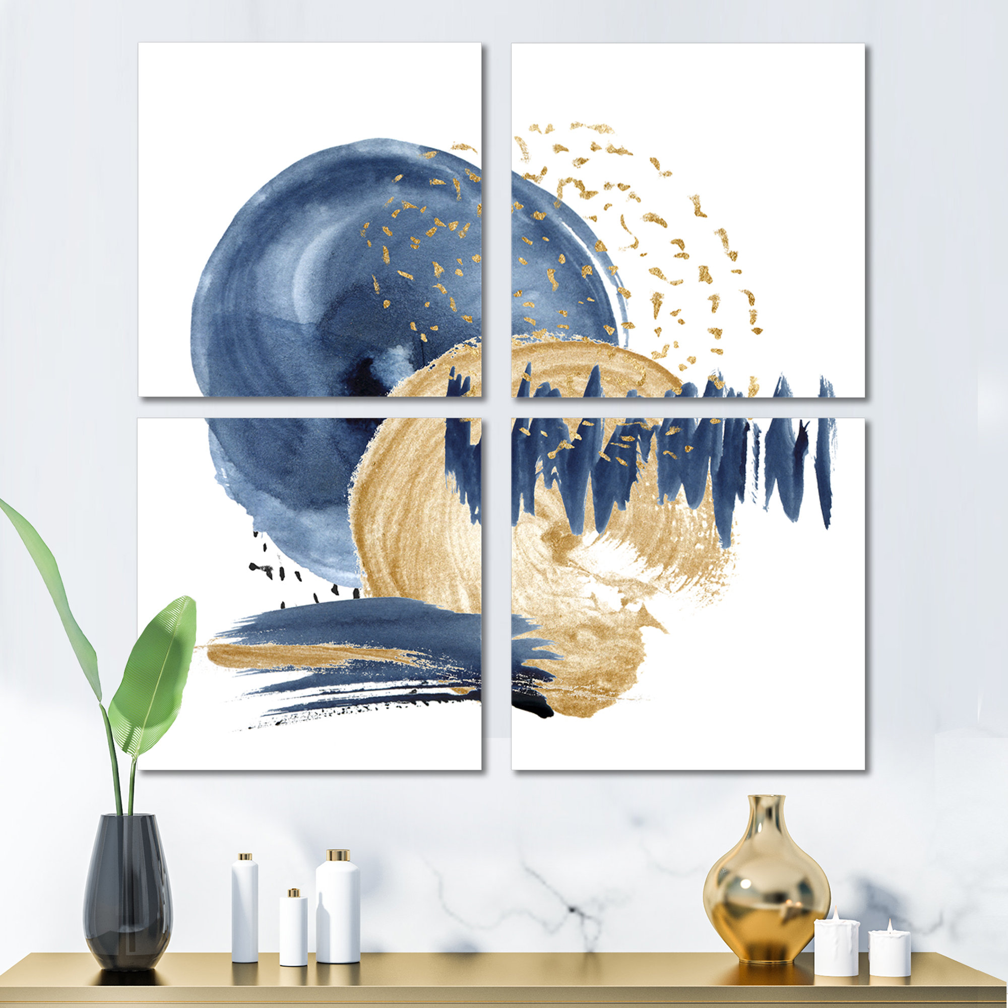 Everly Quinn Dark Blue & Gold Abstract Circle Ocean Texture 4 Piece