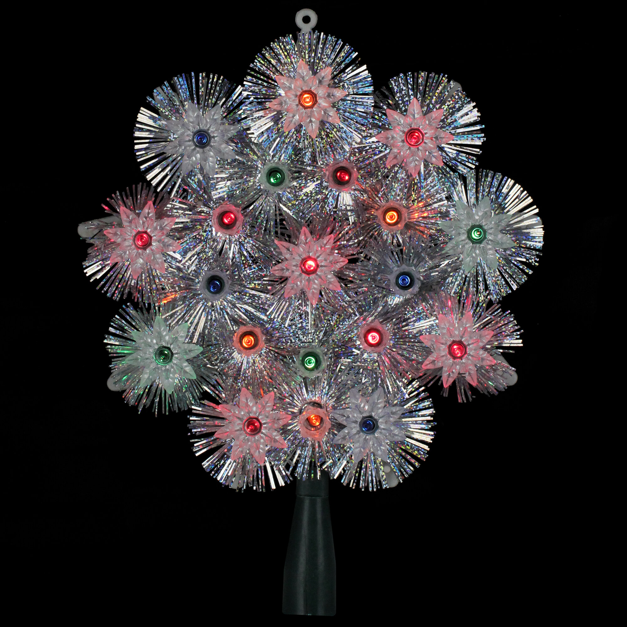 8.5” GE Silver Star Tinsel Lighted Starburst  21 Light Tree Topper Ornament 
