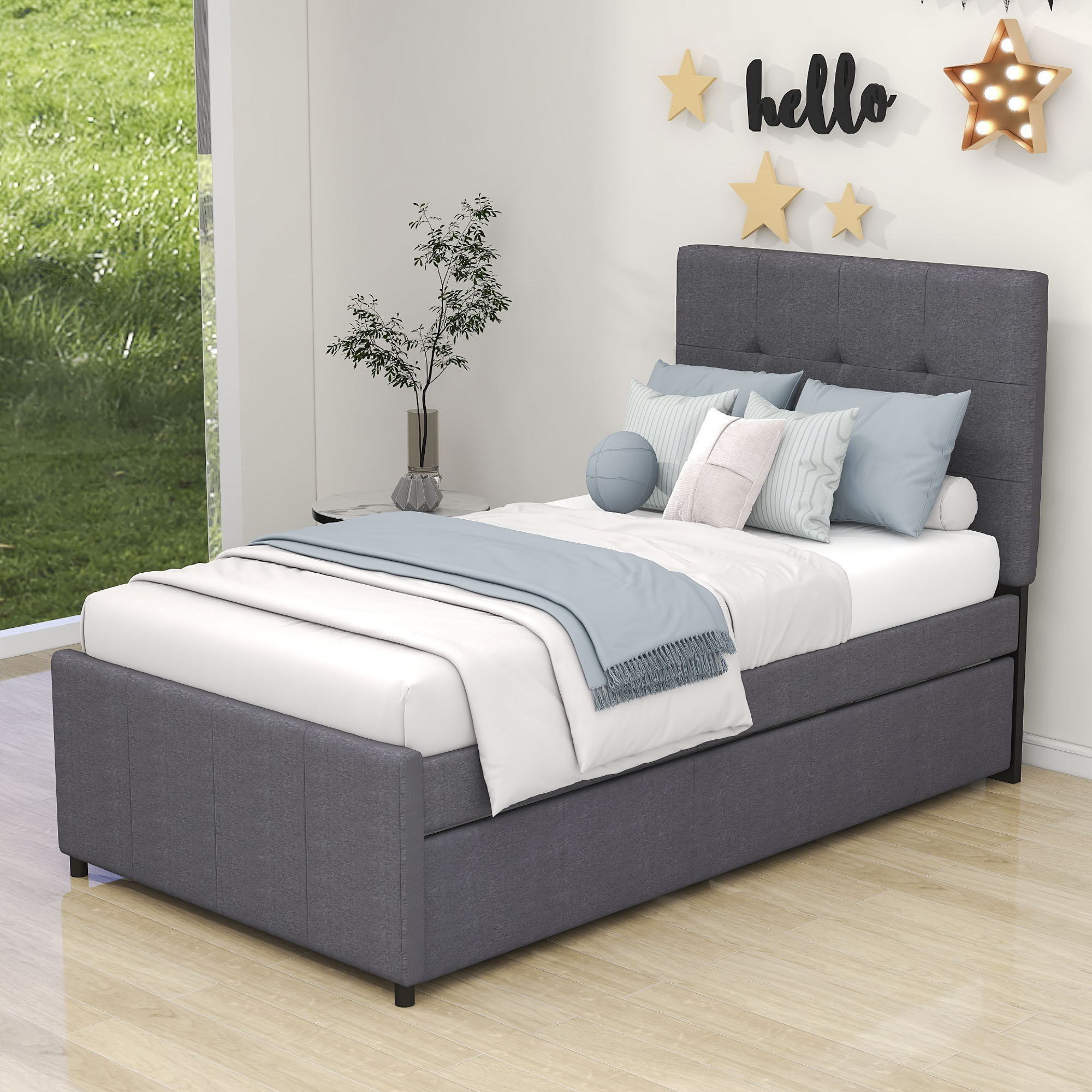 Latitude Run® Twin Size Linen Upholstered Platform Bed With Headboard