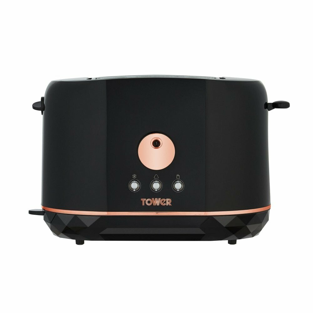 Tower T20028B 2-Slice Toaster with Adjustable Browning Control, Toasting Time, Self Centring Function, Cancel, Defrost and Reheating Settings, Crumb T black