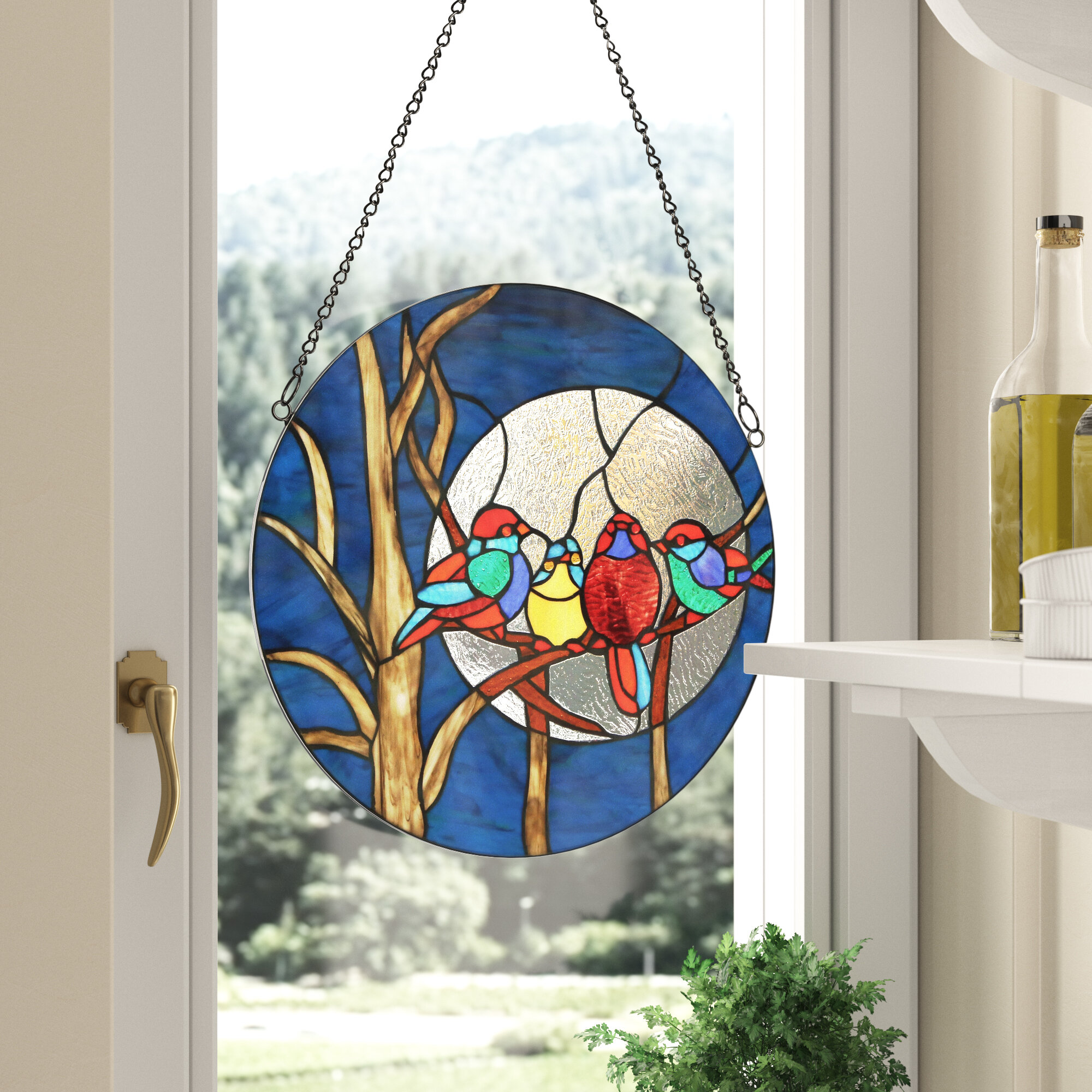 Multi-Colored Birds In The Night Sky Round Stained-Glass Window Panel 