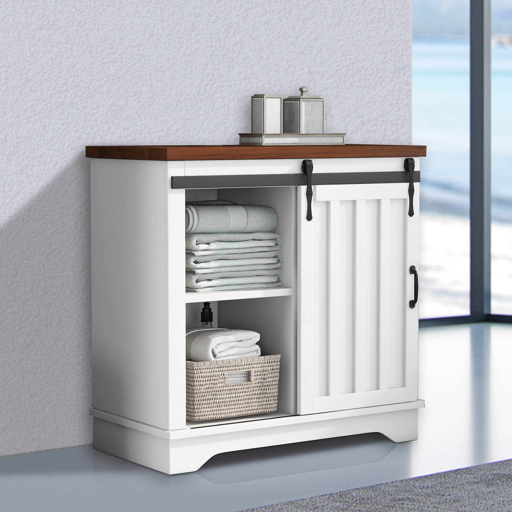 Gracie Oaks Armoire de rangement autoportante avec porte de grange coulissante Wayfair Canada