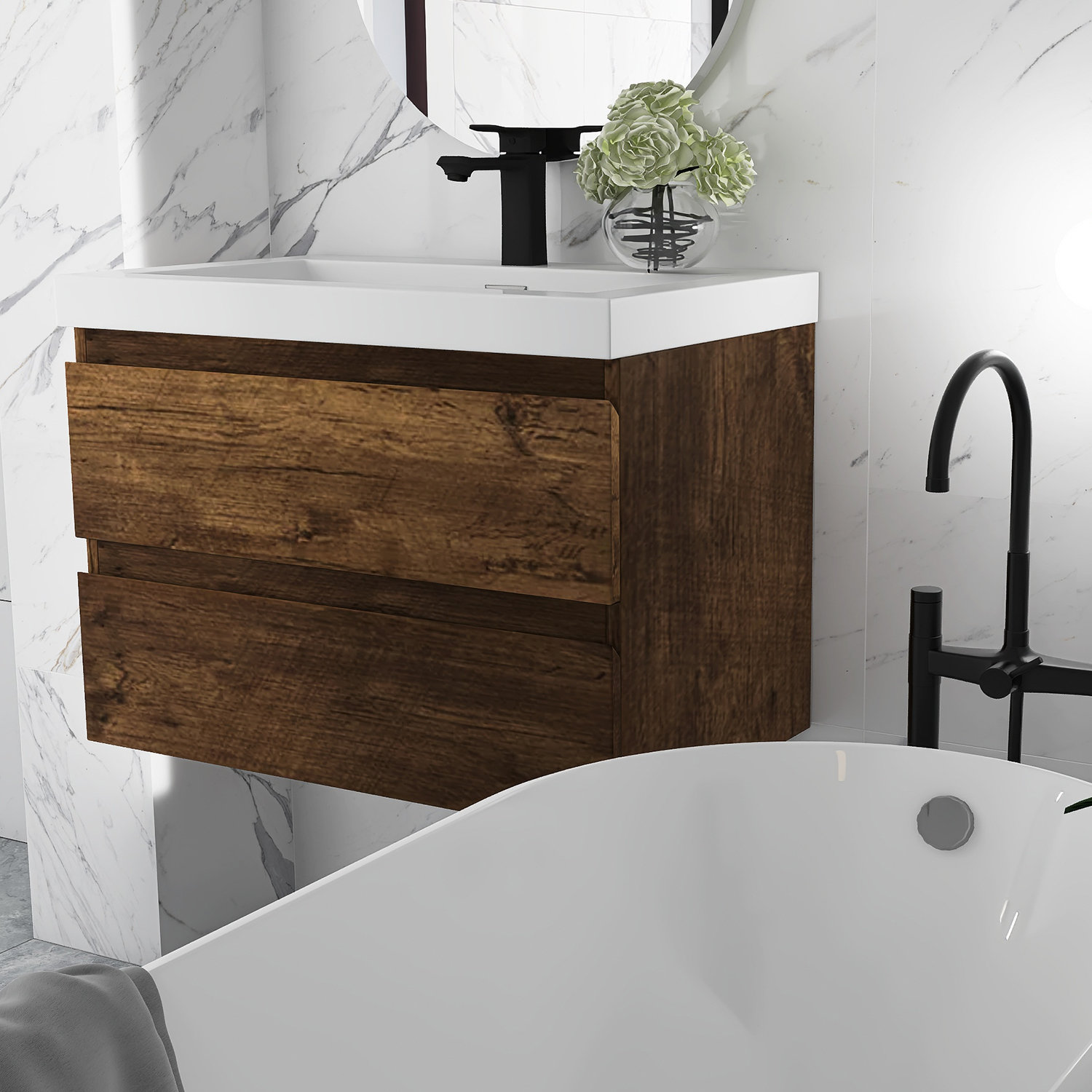Orren Ellis 30" Wide Wall-Mounted 2-drawer Bathroom Vanity Set with Integrated Sink | Wayfair