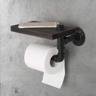 Industrial Pipe Toilet Paper Holder with Rustic Wooden Shelf and Cast Iron Pipe Hardware,Towel Stand,Wall Mounted Tissue Holder for Bathroom,Washroom,Black 