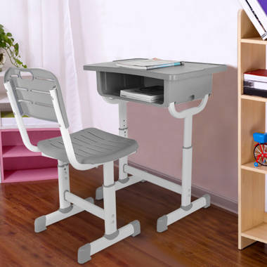 Multifunctional Workstation for Children HONEY JOY Kids Desk Gray Height Adjustable Study Table with Tilted Desktop and Storage Drawer 
