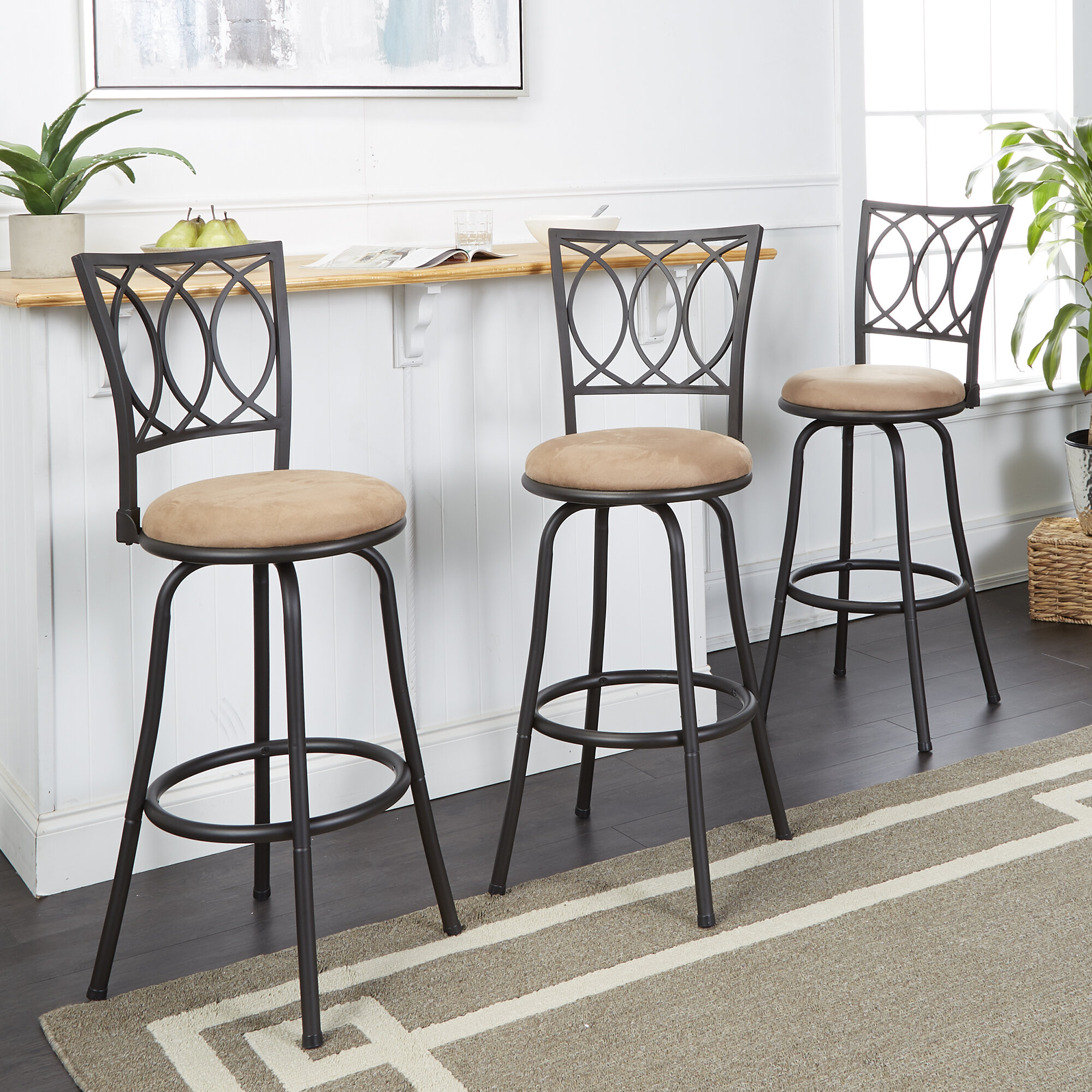 Set of 3 Bar Set Height Adjustable Round Bar Table with 2 Bar Stools Bistro Set Black Bar Table Blackish-Green Leather Swivel Barstool Chairs with Chrome Base Footrest for Kitchen Club Pub Breakfast