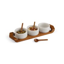 Nambe Cabo Triple Condiment Server with Ash Wood Tray & 3 Alloy Bowls Silver 