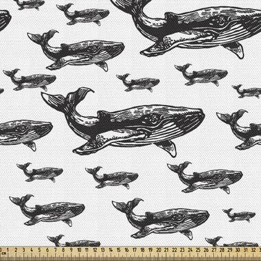 East Urban Home fab_23199_Ambesonne Whale Fabric By The Yard, Hand Drawn  Striped Blur Swimming Schoal Of Huge Whales Work Of Art, Decorative Fabric  For Upholstery And Home Accents, Black And White |