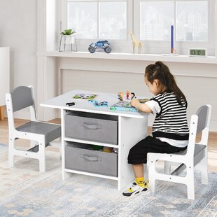 Kids Table w/ 4 Chairs Set with Storage Drawer Children Multi Activity Play Desk 