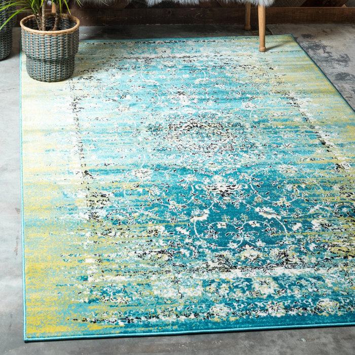 Bungalow Rose Yareli Performance Blue/Green Rug & Reviews | Wayfair