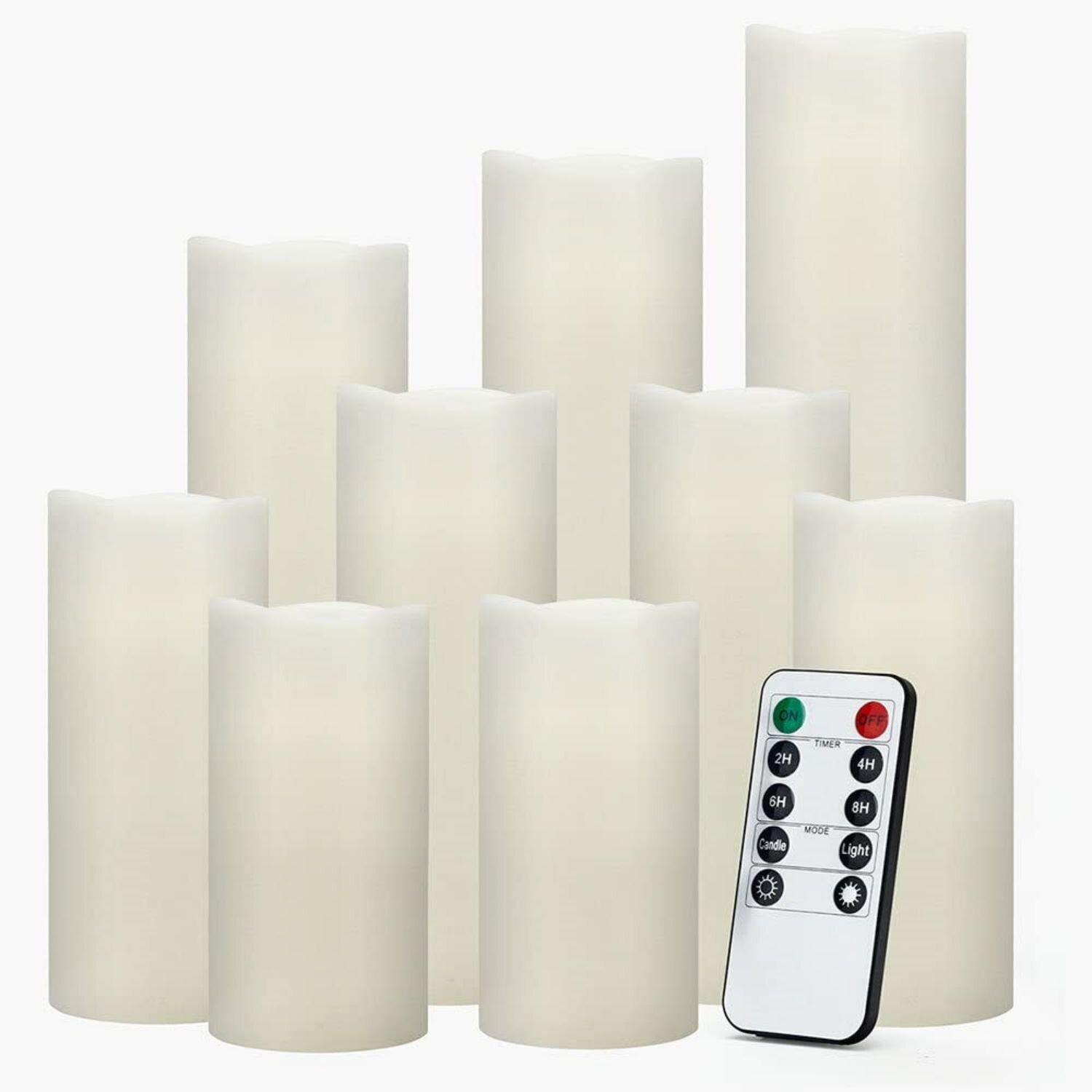 Set of 9 Real Wax Pillar LED Flickering Candles with Remote Control and Timer 