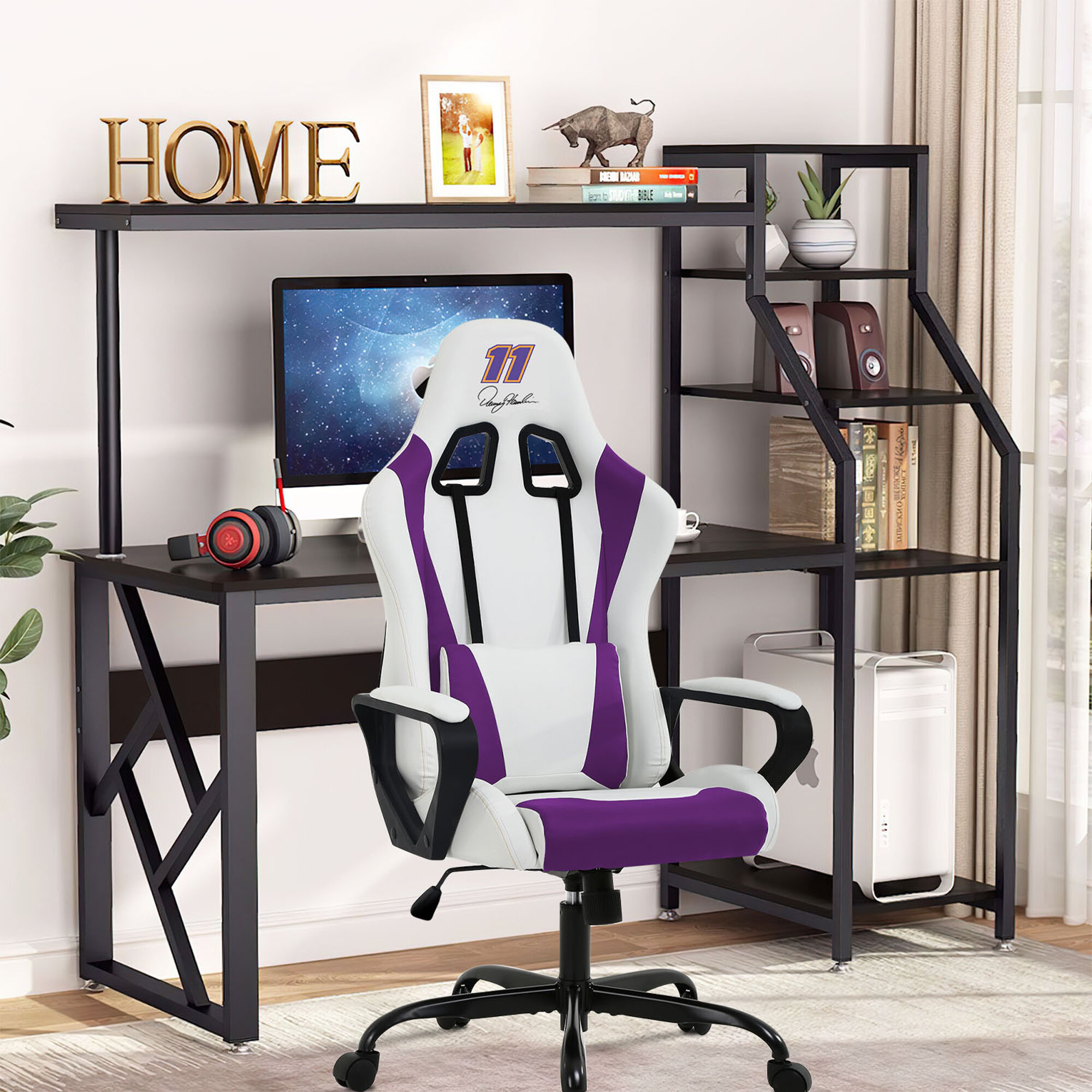 SWIVEL PU LEATHER OFFICE RACING GAMING CHAIR ADJUSTABLE ERGONOMIC COMPUTER CHAIR 