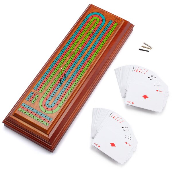 Large Hand Made Cherry Cribbage Board with cards and rules 