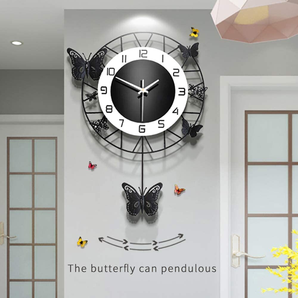 Color : Silver, Size : 12 inches Wall Clock FHW Fashion Trend Creative Butterfly Pattern Wall-Mounted Clock Modern Bedroom Living Room Home Quartz Clock Mute