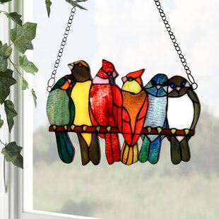 MULTI COLOUR LOVE BIRDS SUN CATCHER 17 cm STAINED GLASS EFFECT  With Hook 