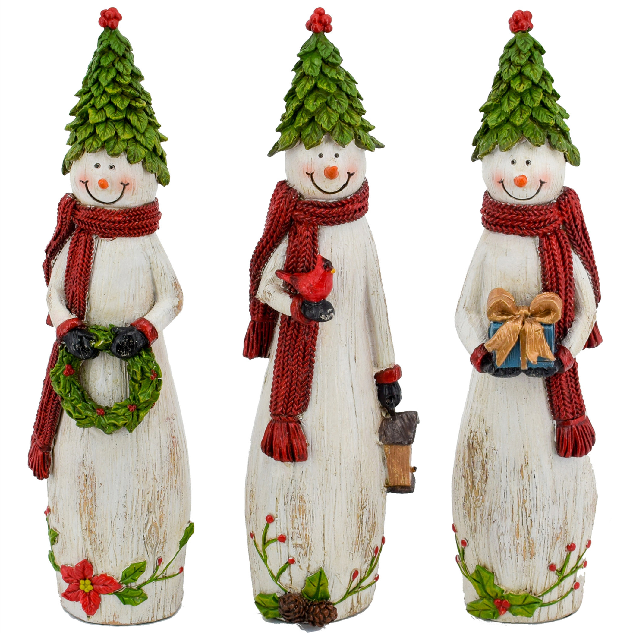 The Holiday Aisle® 3 Piece Resin Snowmen Wearing Leave Cone Hat Figurines Wayfair