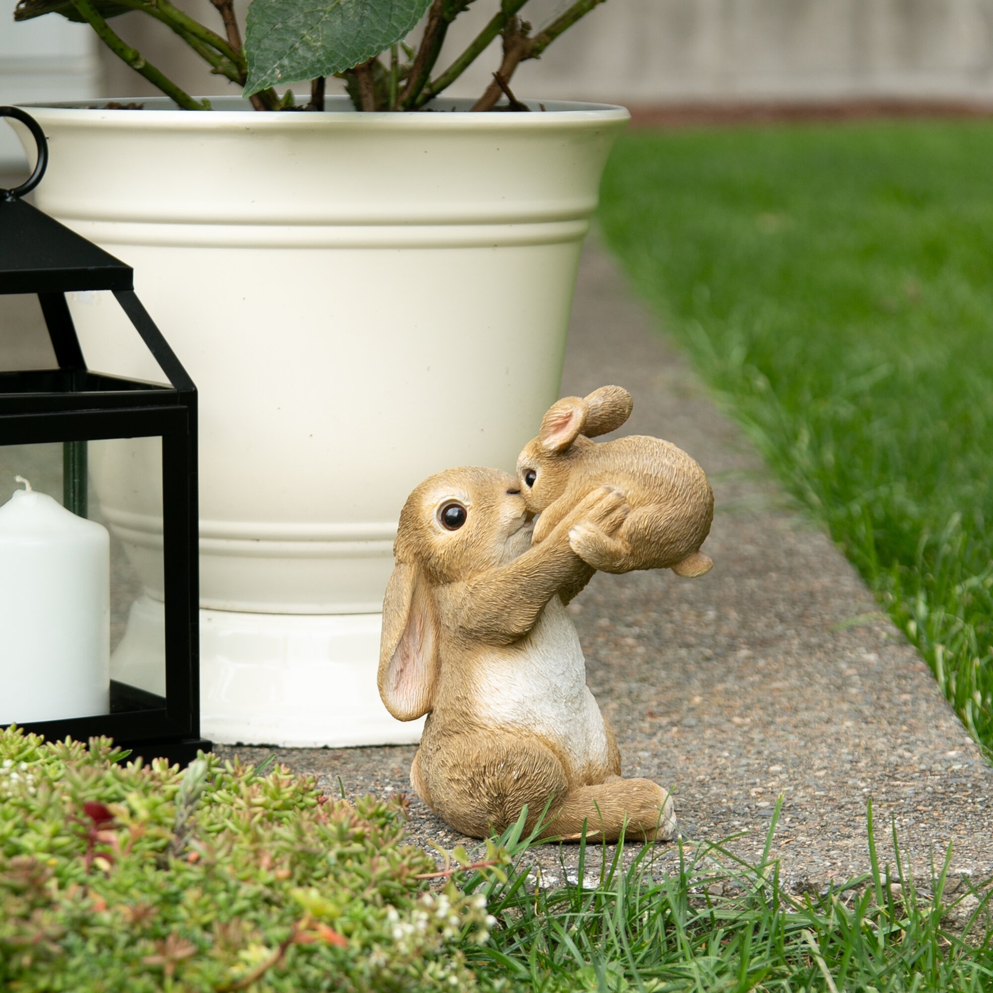 Wild Rabbit Mum Baby Statues Garden Resin Lawn Ornaments Hare Patio Home Decor 