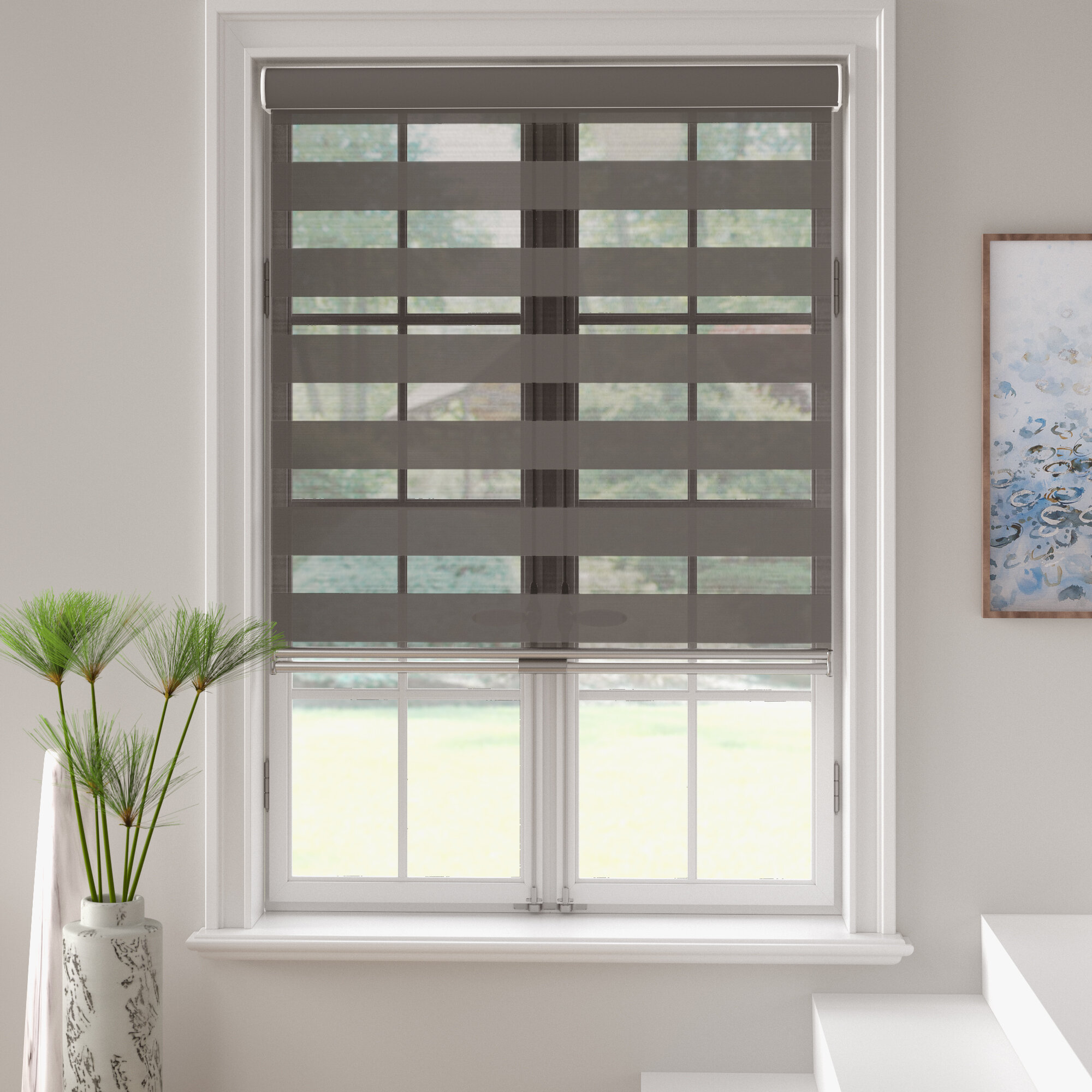Cordless Window Roller Shades Free-Stop Dual Layer Zebra Blinds 38"x72" 