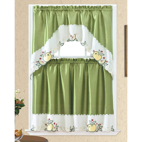 Sage Embroidered Border 2 Swag/2 Tiers White 4 Pc Kitchen Window Curtain Set 