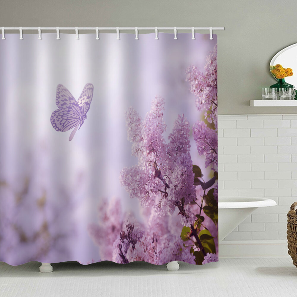 Colorful Butterfly Waterproof Fabric Shower Curtain Liner w/ Hooks Bath Mat Set 