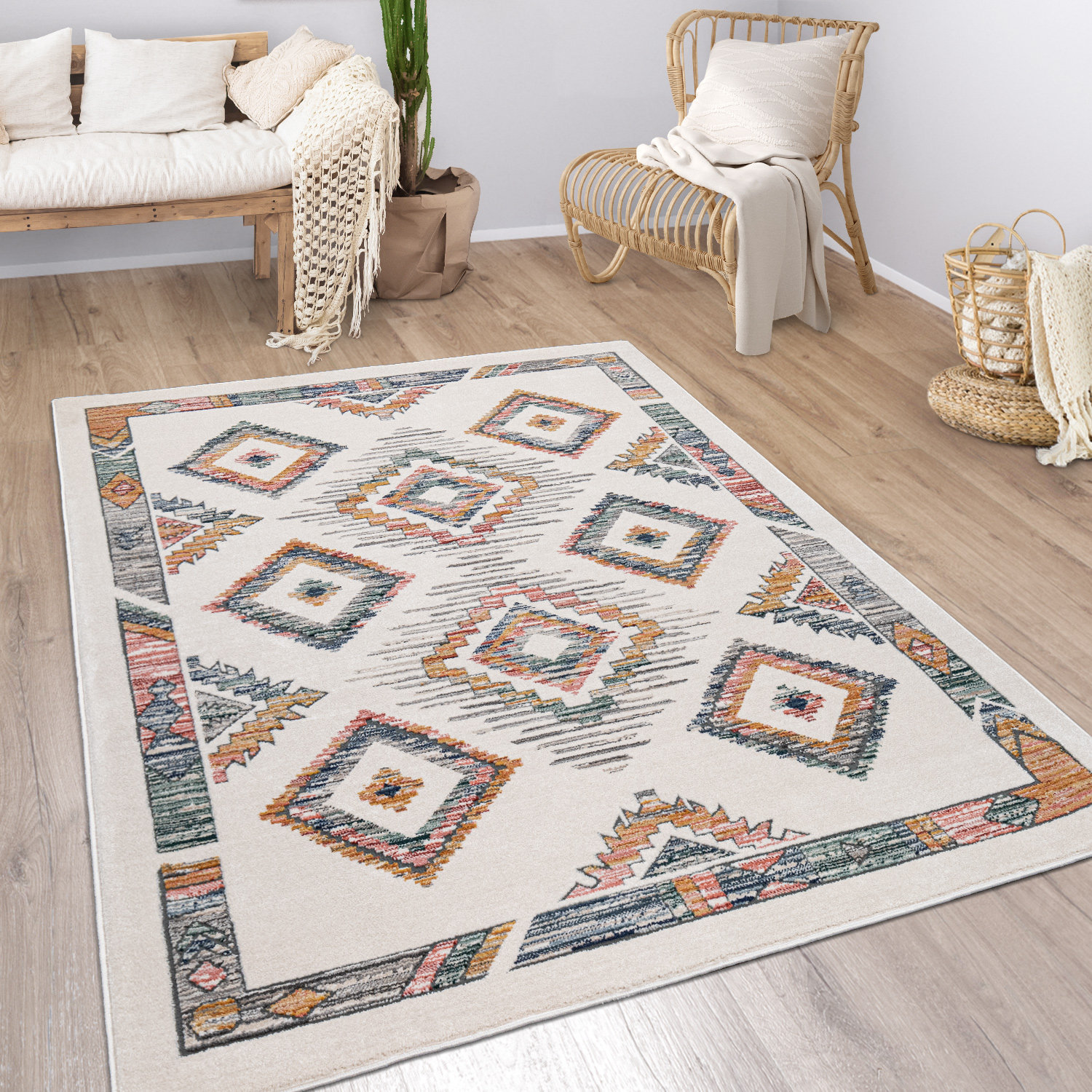 Foundry Select Boho Rug Cream With Modern Pastel Scandi Diamond Pattern ...