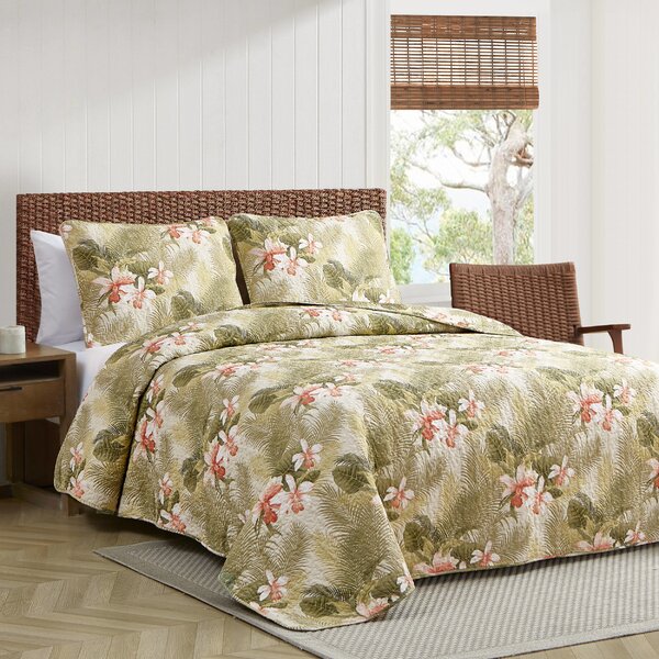 Wild Tropical Orchid Print Floral Quilted Bedspread & Pillow Shams Set 