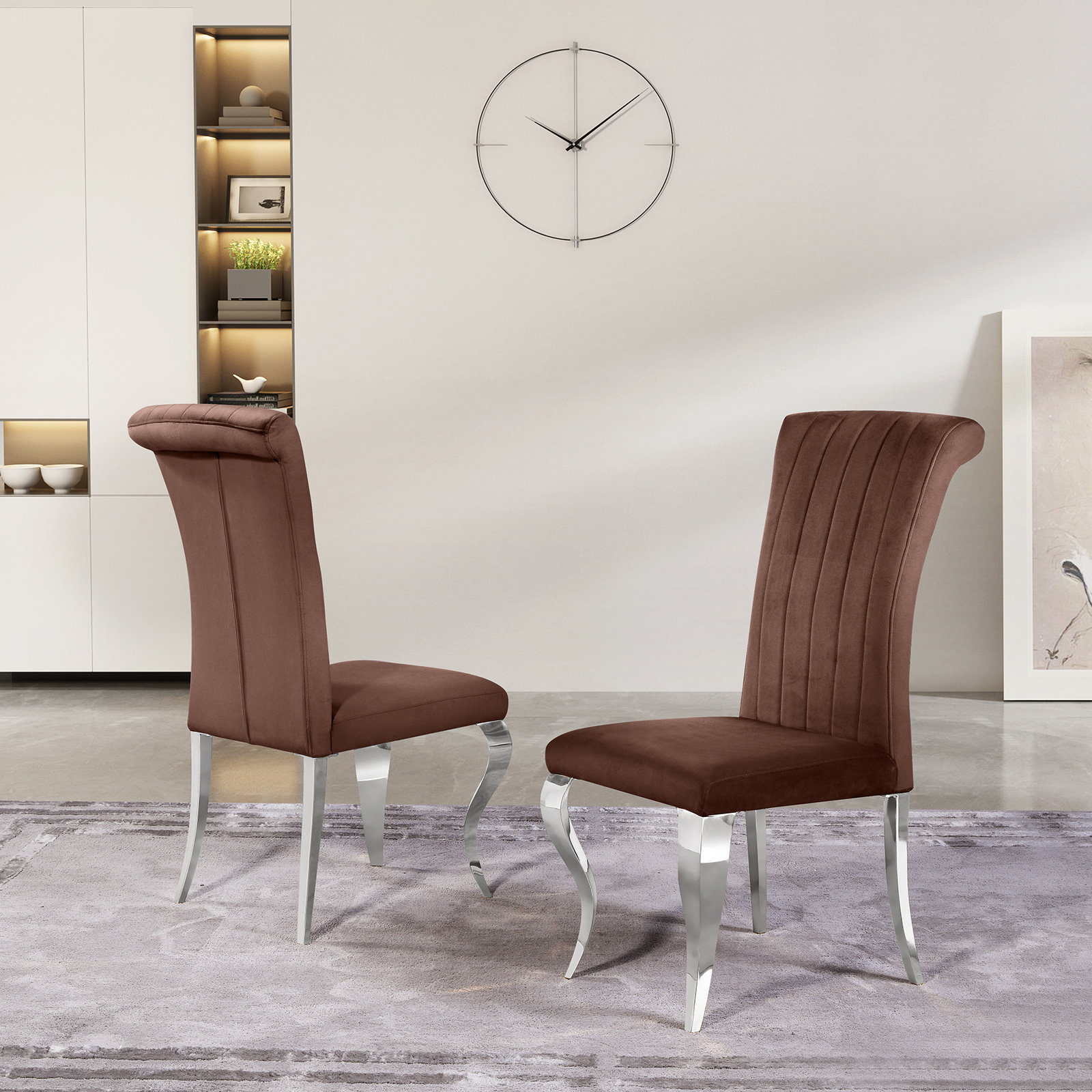 Rosdorf Park Hetti Brown Velvet Dining Chair with Mirror Silver Chair Legs Wayfair