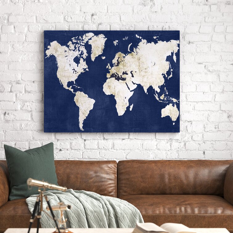Steelside™ Navy And Distressed Gold World Map by Alicia Vidal - Graphic ...