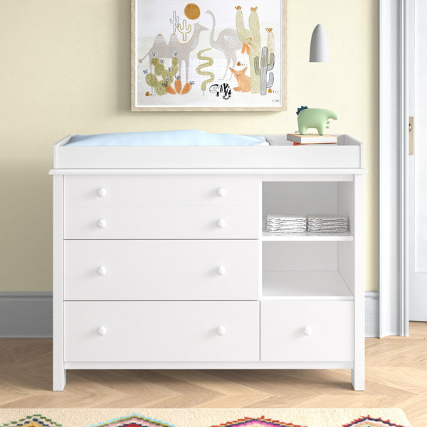 White Color Modern Changing Table with 3 Baskets and Hamper 