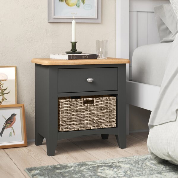 2 x NEW BEDSIDE NIGHTSTANDS GREY READY ASSEMBLED WITH WICKER BASKET SIDE TABLES 