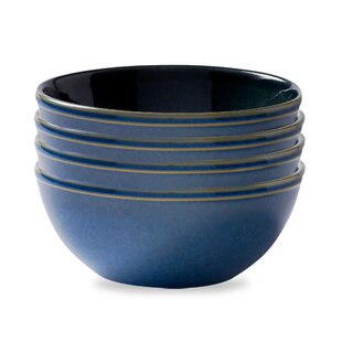 Set of 6 Breakfast Bowls Stoneware Blue Polka Dot & Swirls Cereal Soup Bowls 