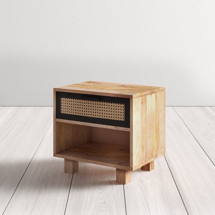 Scandinavian Inspired Mango Wood & Woven Cane Nightstand with Drawer
