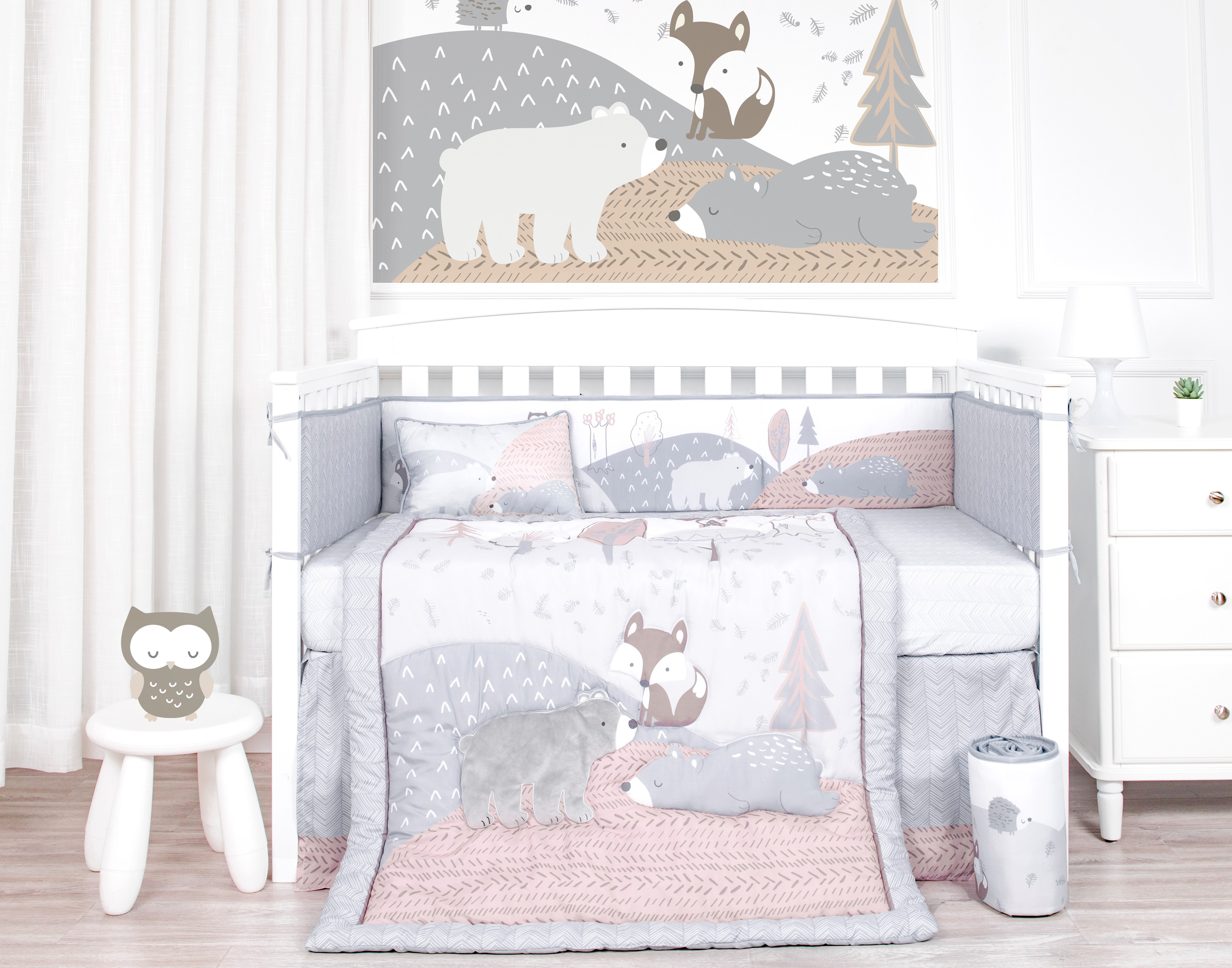 HUPO Pink Crib Bedding Set for Baby Girls,Flower Nursery Bedding Set,4 PC Crib Set with Crib Skirt/Quilt/Crib Sheet/Blanket 