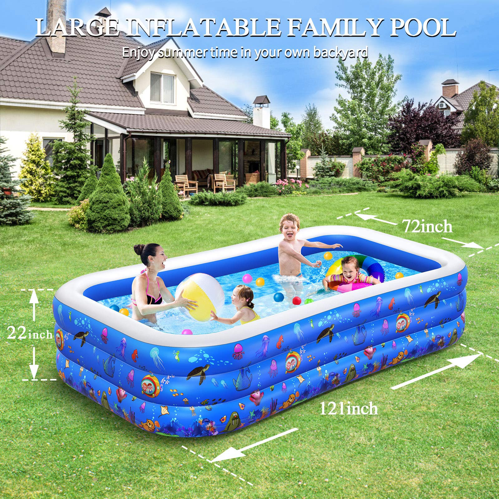 118x 72x 22 Full-Sized Family Inflatable Swimming Lounge Pool for Ages 3+ Teens Blow up Pool for Garden/Backyard/Indoor/Outdoor Water Party Inflatable Swimming Pool Adults 