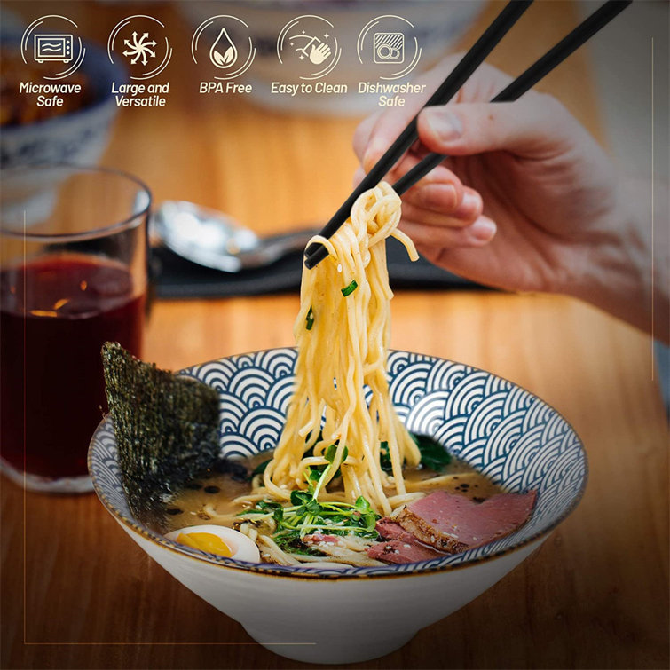 2 sets 57 oz Large Japanese Ramen Noodle Soup Bowl Melamine Hard Plastic Dishware Set with Matching Spoon and Chopsticks for Udon Soba Pho Asian Noodles 6 piece